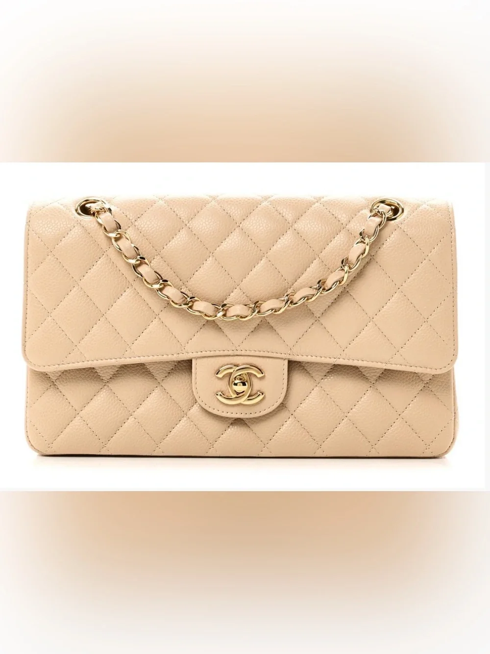 CHANEL Beige Quilted Medium Double Flap Bag with Gold Hardware